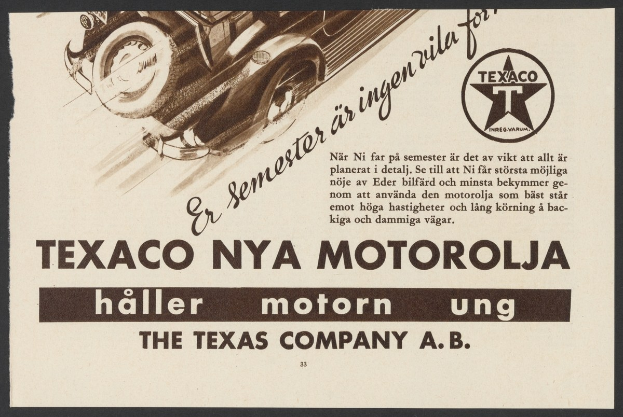 Werbeposter der Texas Company A.B. Motorola mit einem Auto in der Mitte und Text drumherum.