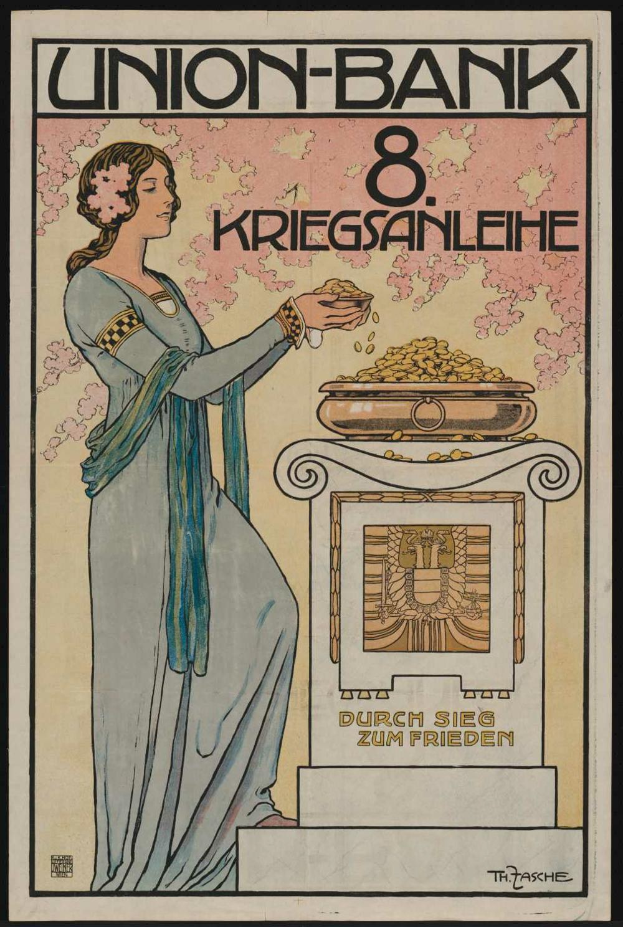 Eine Frau in einem weißen Kleid hält eine Schüssel mit Essen in der Hand und steht vor einem schwarzen Hintergrund mit einem Plakat, auf dem "Union-Bank 8 Kriegsanleihe" in Deutsch steht.