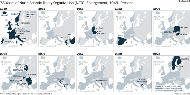 Zeitliche Karte, die die NATO-Erweiterung von 1949 bis heute zeigt, wobei die Regionen farblich nach dem Jahr des Beitritts unterteilt sind.