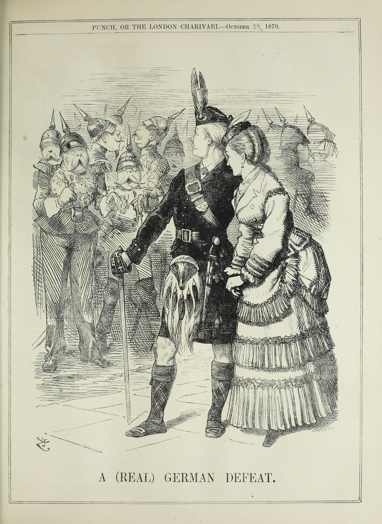 Ein Mann und eine Frau stehen auf einem Papier mit Wörtern und Zahlen, möglicherweise ein Hinweis auf eine deutsche Niederlage, während der Mann einen Stock hält.