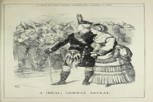 Ein Mann und eine Frau stehen auf einem Papier mit Wörtern und Zahlen, möglicherweise ein Hinweis auf eine deutsche Niederlage, während der Mann einen Stock hält.