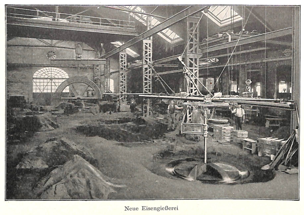 Schwarzes und weißes Foto einer Fabrik mit Arbeitern, die Maschinen bedienen, umgeben von Metallstangen und -pfählen, beschriftet mit "Neue Eisenglebeerei, die erste Fabrik in Deutschland"