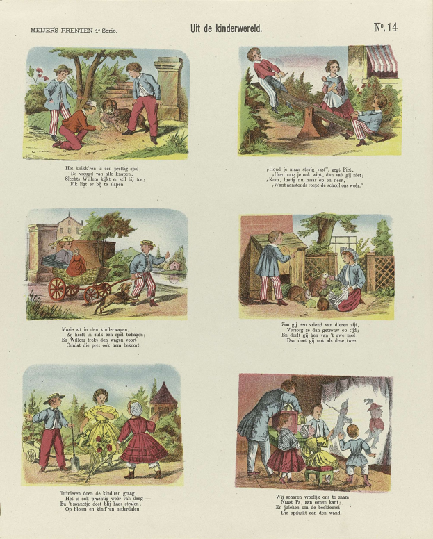 Ein aufgeschlagenes Buch mit Illustrationen von Kindern, die in einem Park spielen, umgeben von Bäumen, Gebäuden und einem Wagen.