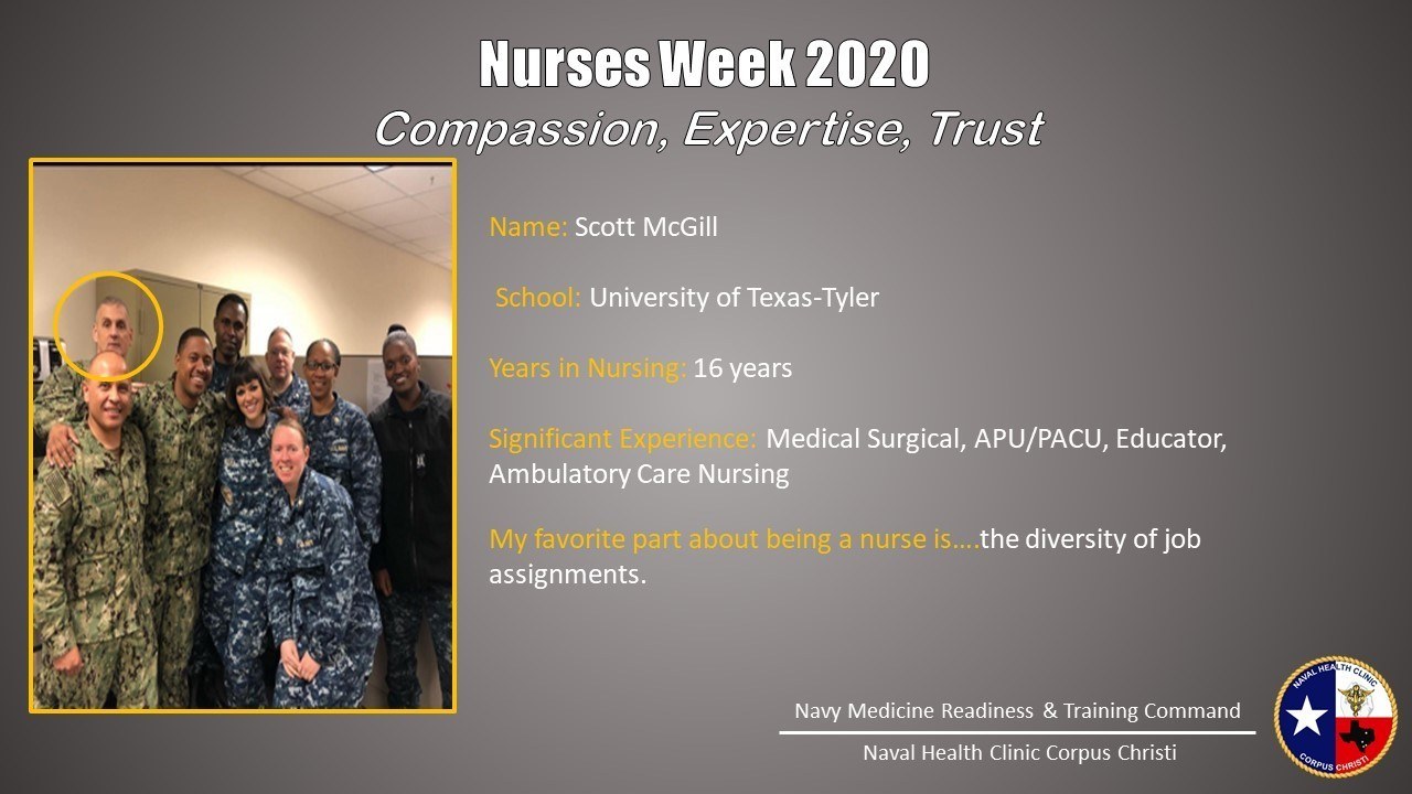 Gruppe von Menschen, die auf der linken Seite lächeln, Wand und Decke im Hintergrund, mit dem Text "Nurses Week 2020: Mitgefühl, Expertise, Vertrauen" und einem Logo auf der rechten Seite.